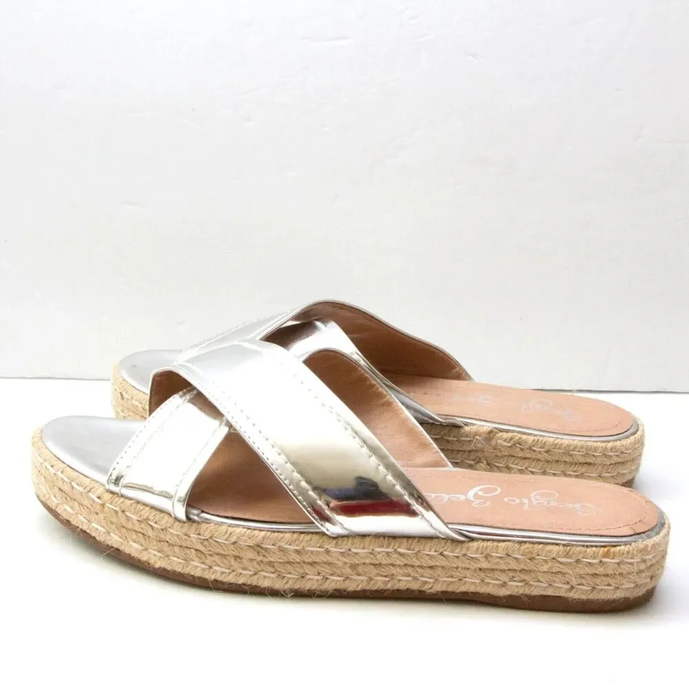 Sergio Zelcer Metallic Silver Chrome Cross Strips Slip On Platform Sandals 10
